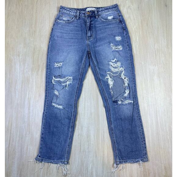 Flying Monkey Distressed Medium Wash Fray Hem Relaxed Straight Mom Jeans 26 - Picture 1 of 16